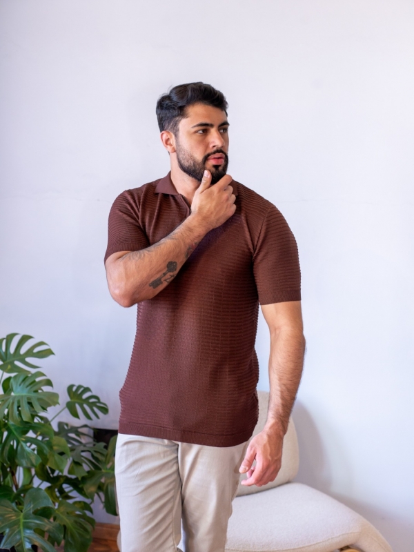 CAMISA TRICOT MEIO ZÍPER TEXTURIZADA REF 3031 - MARROM
