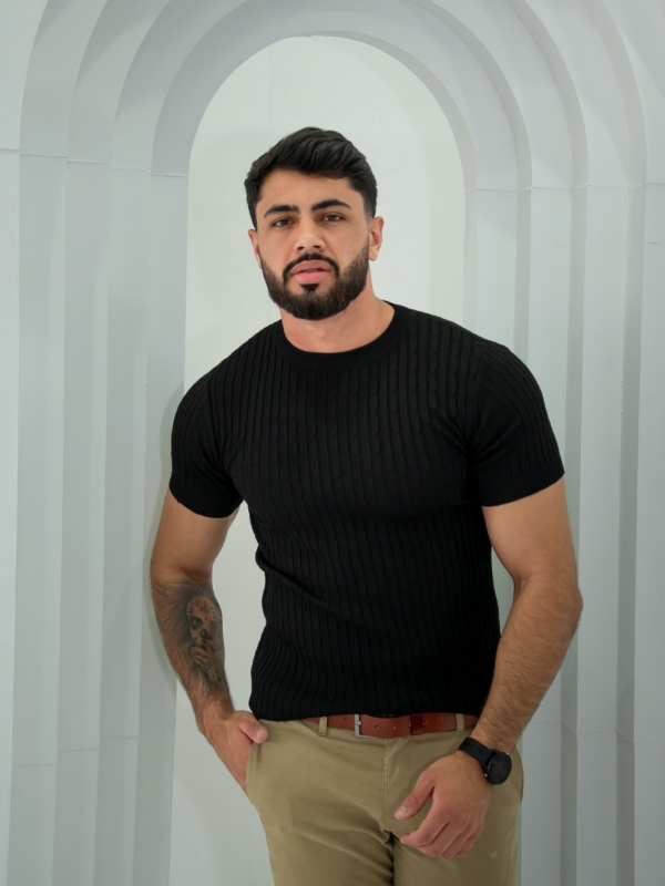 CAMISA TRICOT GOLA CARECA TRANÇA REF 3017 - PRETO