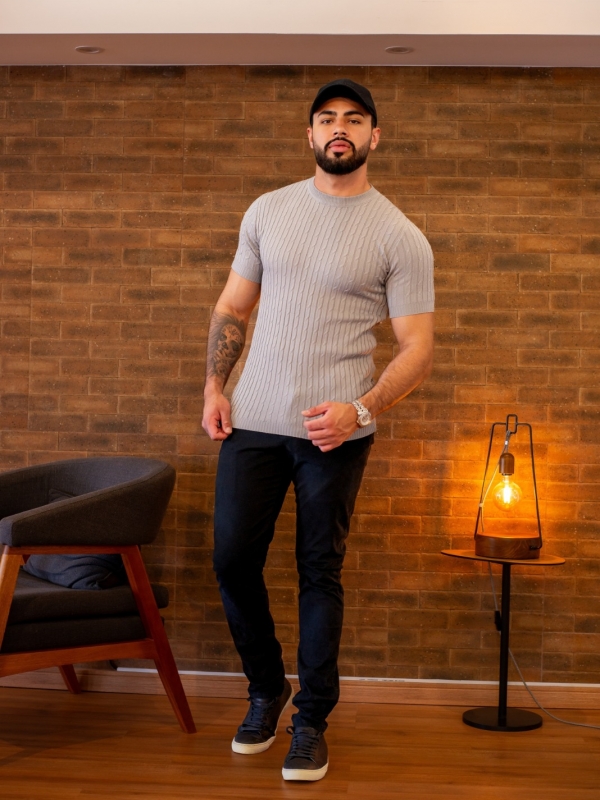 CAMISA TRICOT GOLA CARECA TRANÇA REF 3017 - CINZA CLARO